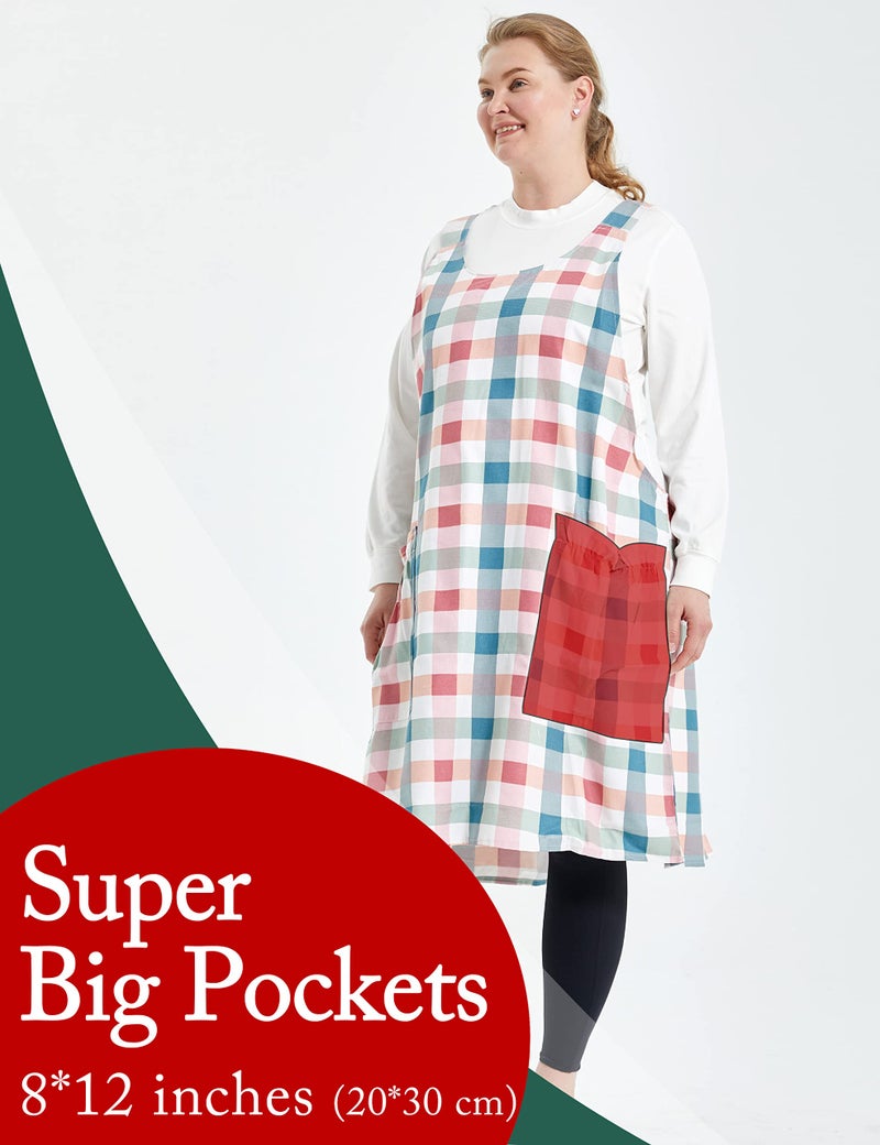 APRONNER Big Plus Size Aprons for Women with Pockets Cotton Linen Baking Kitchen Cooking Pink Grid - Image 2