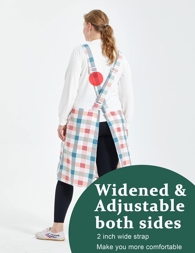 APRONNER Big Plus Size Aprons for Women with Pockets Cotton Linen Baking Kitchen Cooking Pink Grid - Image 3