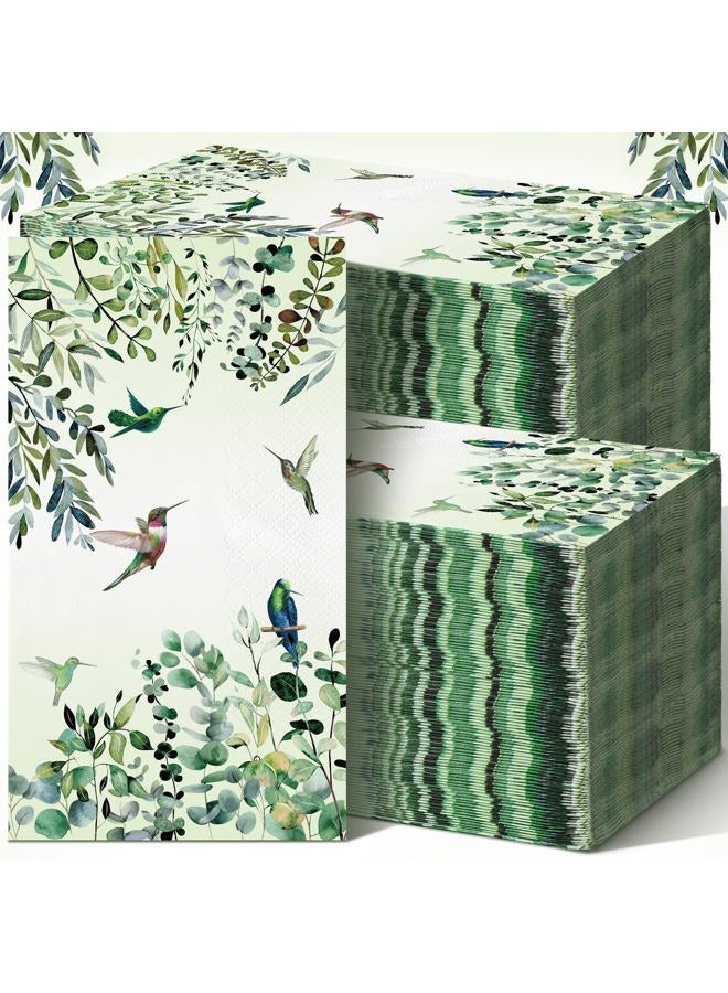 Jetec 200 Count Disposable Bathroom Hand Towels Paper Guest Towels for Bathroom Butterfly Flower Bird Napkin Paper Disposable Guest Napkins for Birthday Holiday Party Supplies(Eucalyptus Hummingbird) - Image 1
