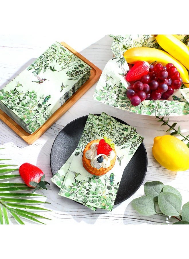 Jetec 200 Count Disposable Bathroom Hand Towels Paper Guest Towels for Bathroom Butterfly Flower Bird Napkin Paper Disposable Guest Napkins for Birthday Holiday Party Supplies(Eucalyptus Hummingbird) - Image 2