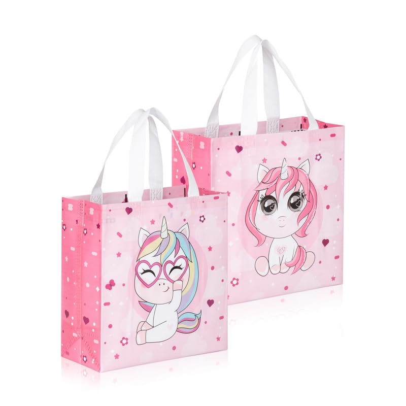 Drapme Small Size Pack of 10 Pcs Glossy Finish Unicorn Printed NonWoven Reusable EcoFriendly Party Return Carry Gift Bags Pink Small 95x10x4 Inch