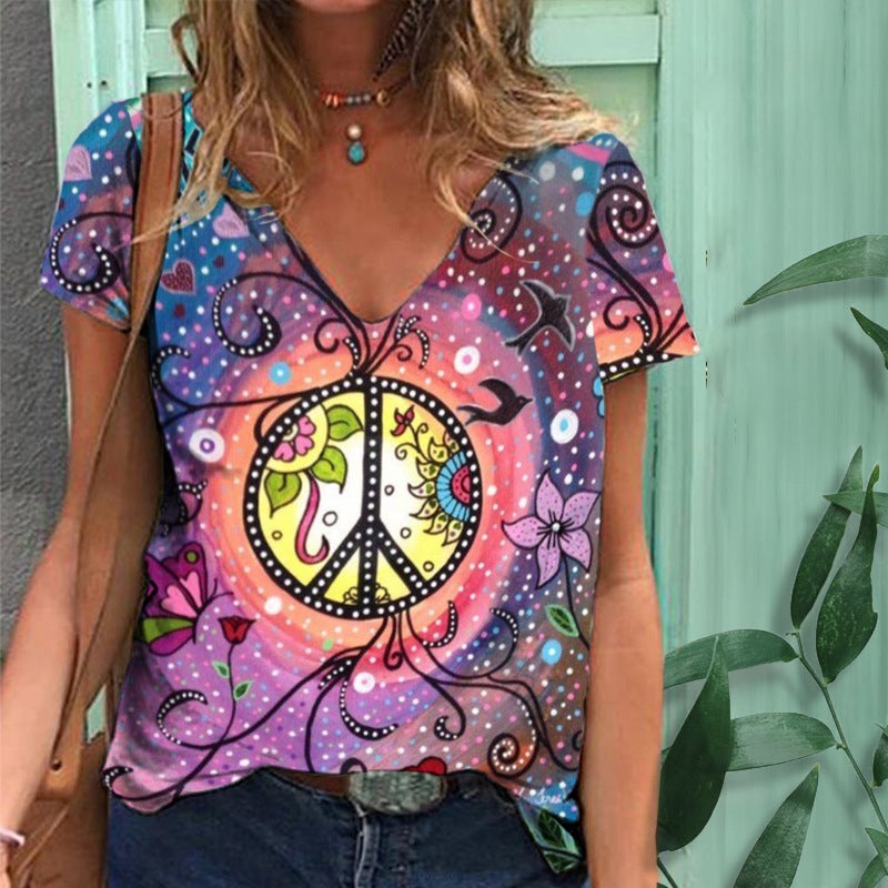 2022 Summer Cross-Border Supply of 3D Digital Printed Short-Sleeved V Neck Women's Loose-Fitting Women's T-Shirts - Image 1