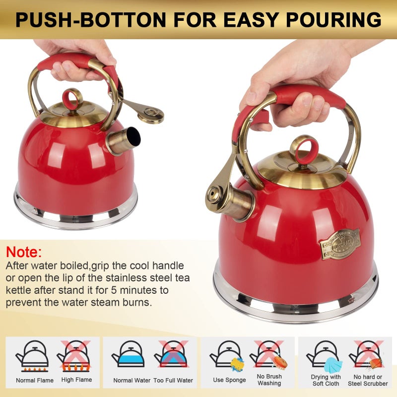 LUXGRACE Tea Kettle, Stovetop Whistling Teapot, Stainless Steel, Red, 3.0-Quart - Image 5