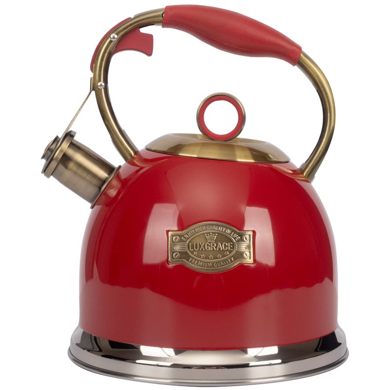 LUXGRACE Tea Kettle, Stovetop Whistling Teapot, Stainless Steel, Red, 3.0-Quart - Image 1