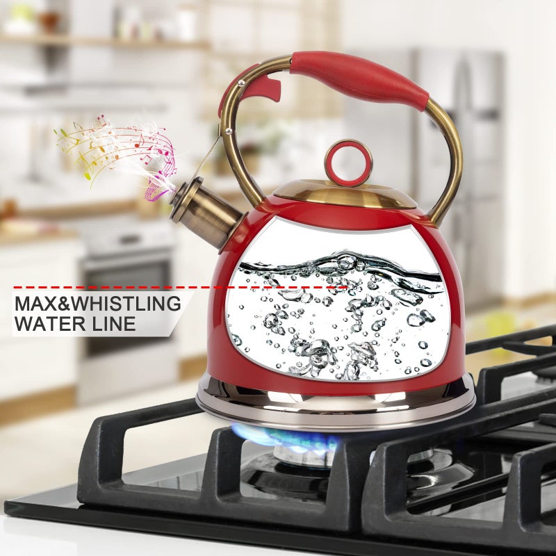LUXGRACE Tea Kettle, Stovetop Whistling Teapot, Stainless Steel, Red, 3.0-Quart - Image 4