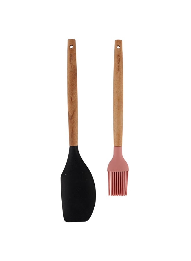 Royalford Pack of Two Kitchen Tools Set RF12319 Silicone Tools with Wooden Handle, Includes a Spatula and an Oil brush Perfect for Cooking, Baking Cakes, Cookies, Pies - Image 1