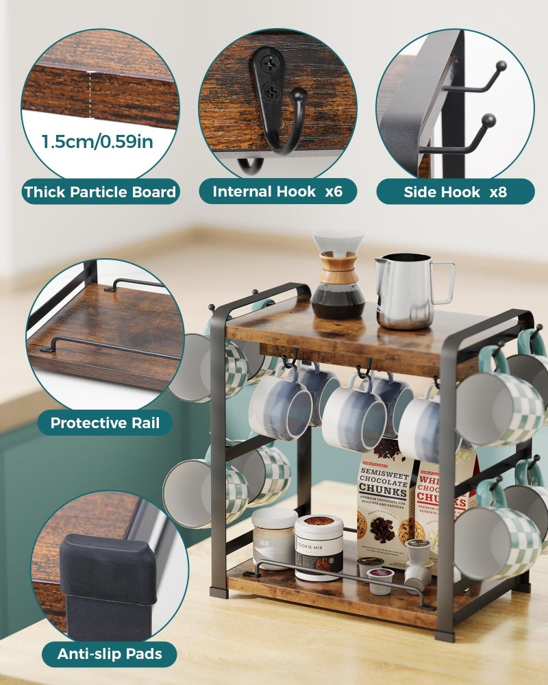 OROPY Wooden Coffee Bar Organizer with 14 Mug Hooks, 2 Tier Countertop Coffee Mug Holder Stand for Cups, Mugs, Syrups, Accessories - Image 4