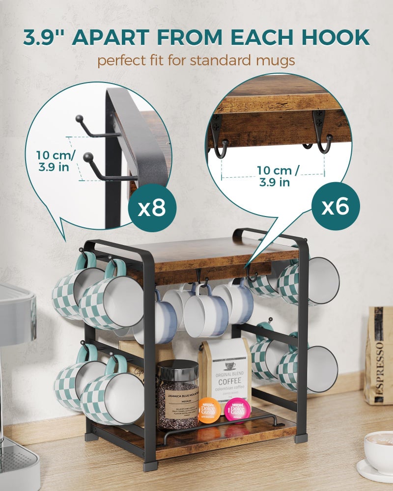 OROPY Wooden Coffee Bar Organizer with 14 Mug Hooks, 2 Tier Countertop Coffee Mug Holder Stand for Cups, Mugs, Syrups, Accessories - Image 3