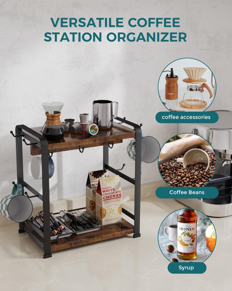 OROPY Wooden Coffee Bar Organizer with 14 Mug Hooks, 2 Tier Countertop Coffee Mug Holder Stand for Cups, Mugs, Syrups, Accessories - Image 5
