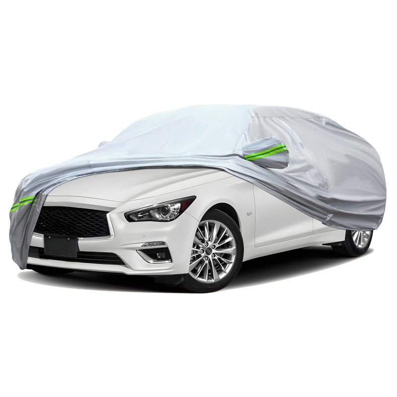 TUCAREST 6Layers Premium Full Car Cover Hard Shell Zipper Design Waterproof All Weather Weatherproof UV Sun Protection Snow Dust Storm Resistant Outdoor with Straps Fit for Sedan 178 189