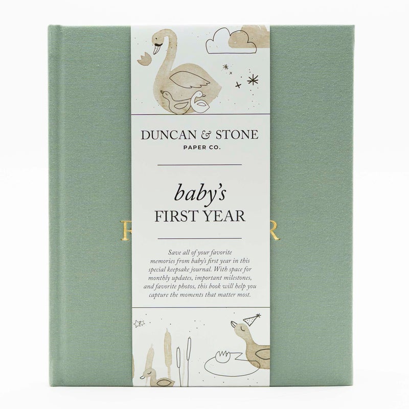 DUNCAN & STONE PAPER CO. Baby First Year Book - Heirloom Keepsake Baby Memory Book to Record Important Milestones, Photos & More - Pregnancy Books (Sage Green,112 Pages) - Image 1