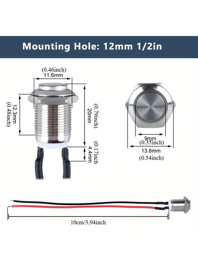 2pcs 12mm Momentary Metal Push Button Switch with Pre Soldered Cable 250V 2A 1NO - Image 5