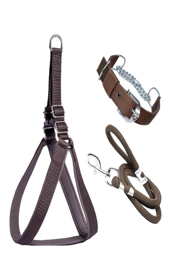 ADB CREATIONS Export Quality Stainless Steel Nylon Dog Choke Collar with Adjustable Buckle Dog Harness and Durable Training Rope Leash Combo | Brown M - Image 1