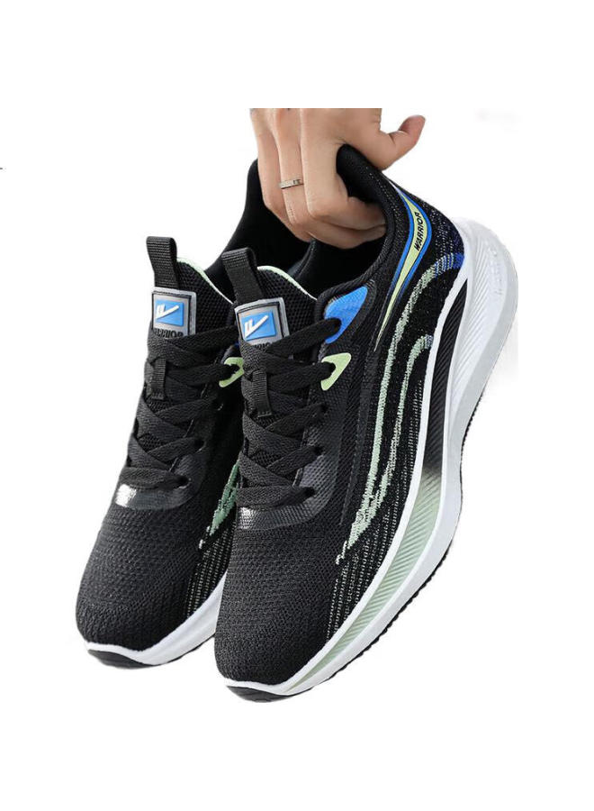 Pull Back Warrior Sports Shoes For Men, Comfortable Lightweight Running Shoes, Breathable Flyknit Men'S Shoes, G497C, Black And Light Green, Size 42 - Image 1