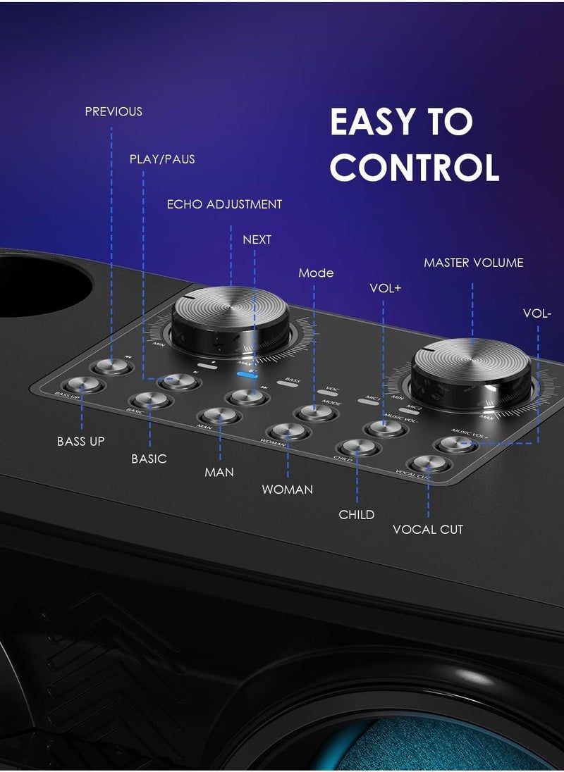 Smart Berry Karaoke Machine with 2 UHF Wireless Microphones for Adults & Kids | Portable Bluetooth PA Speaker System with LED Lights, Echo, Bass Adjustment, & Vocal Cut | Ideal for Home Parties, Meetings, & Weddings - Image 4