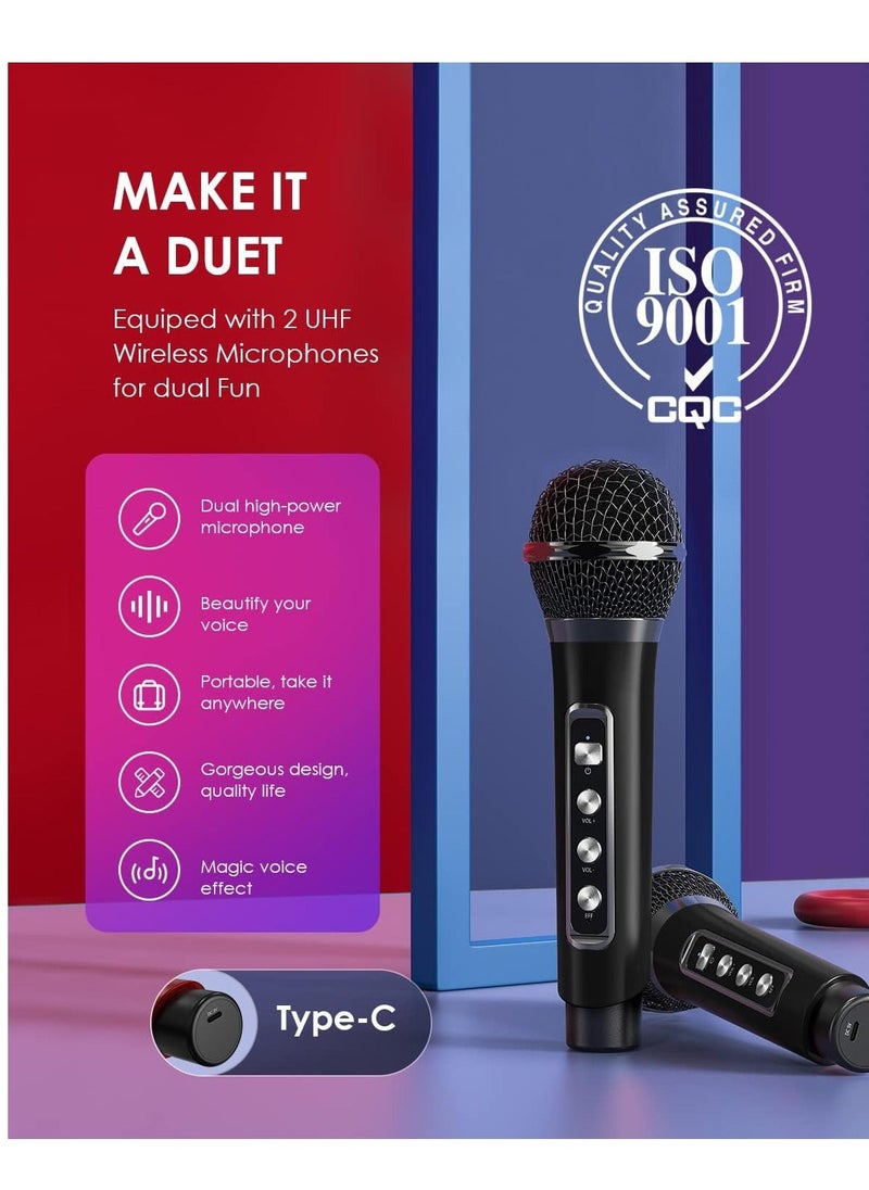 Smart Berry Karaoke Machine with 2 UHF Wireless Microphones for Adults & Kids | Portable Bluetooth PA Speaker System with LED Lights, Echo, Bass Adjustment, & Vocal Cut | Ideal for Home Parties, Meetings, & Weddings - Image 2