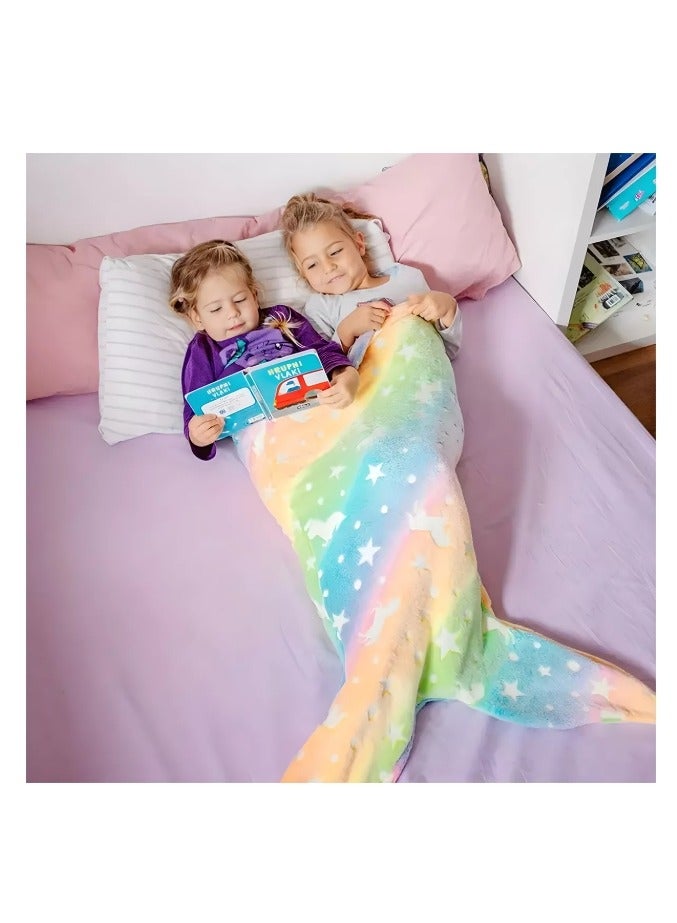 OASIS-TH Kids Mermaid Tail Blanket, Mermaid Tail Blankets Glow in The Dark, Flannel Mermaid Blanket, Mermaid Tail Wearable Blanket, Luminous Unicorn Super Soft Tie Dye Girls Toys, Girls Toddlers Mermaid  - Image 3
