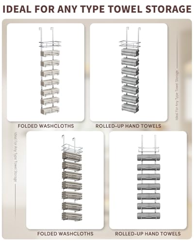 Aetyord Hanging Towel Racks for Bathroom No Drill - Over The Door 8-Tier Bath Towel Storage Organizer for Small Bathrooms - Back Door Large Tiered Towel Holder Hanger for Rolled Towels RV Camper Silver - Image 5