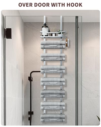 Aetyord Hanging Towel Racks for Bathroom No Drill - Over The Door 8-Tier Bath Towel Storage Organizer for Small Bathrooms - Back Door Large Tiered Towel Holder Hanger for Rolled Towels RV Camper Silver - Image 3