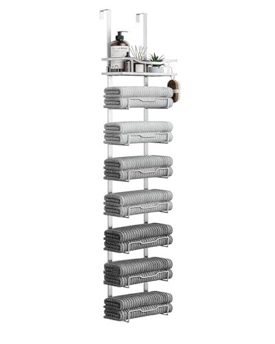 Aetyord Hanging Towel Racks for Bathroom No Drill - Over The Door 8-Tier Bath Towel Storage Organizer for Small Bathrooms - Back Door Large Tiered Towel Holder Hanger for Rolled Towels RV Camper Silver - Image 1