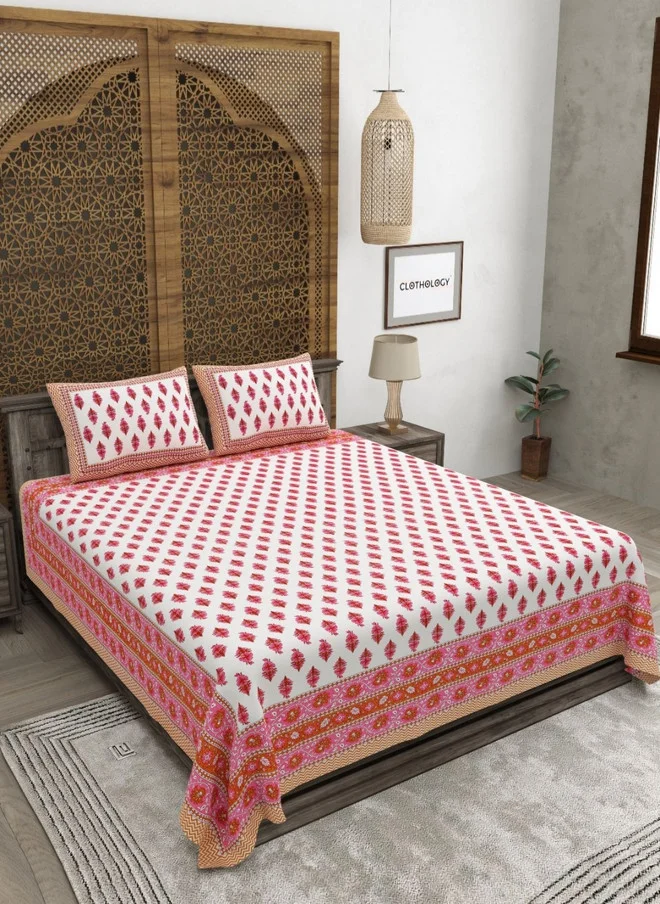 CLOTHOLOGY CLOTHOLOGY Pink Floral Pure Cotton 180 TC King Size Bedsheet with 2 Pillow Covers