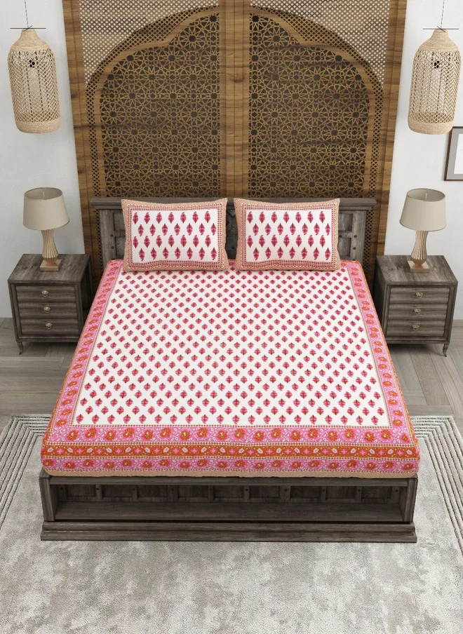 CLOTHOLOGY CLOTHOLOGY Pink Floral Pure Cotton 180 TC King Size Bedsheet with 2 Pillow Covers