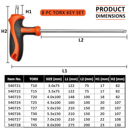 Harden 8Pcs T Handle Torx Star Key Wrench Set Tool for Professional and Industrial Use – Includes Size T10, T15, T20, T25, T27, T30, T40 & T45 Sizes - 520657 - Image 5