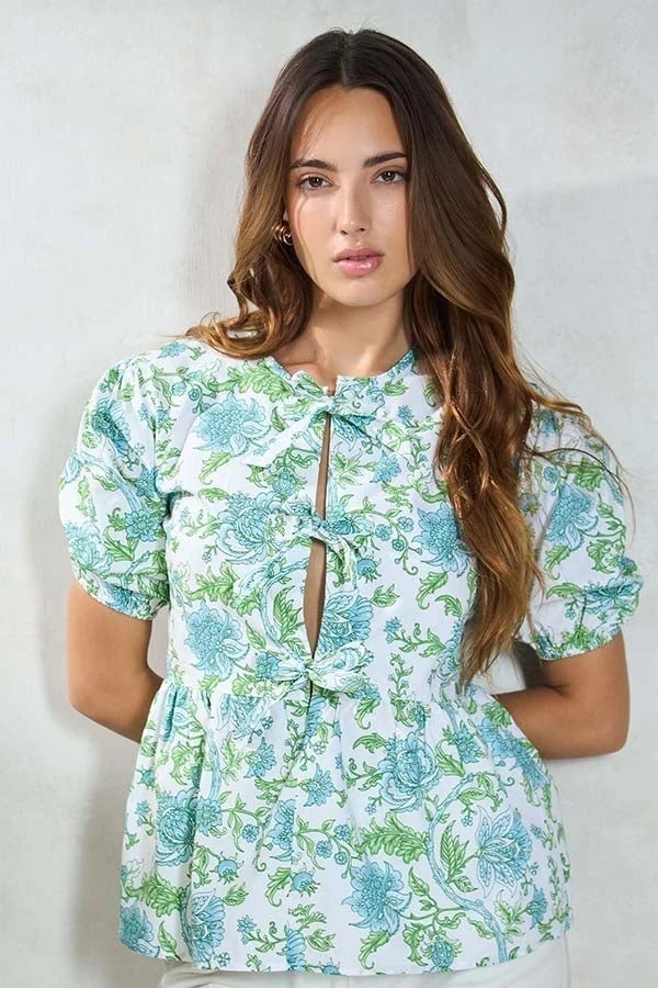 Virgio VIRGIO 100% Cotton Front-Tie Detail Peplum Top