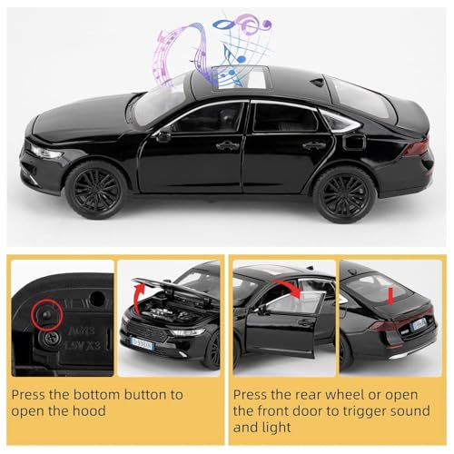 FEXXA 1:32 Scale Hon da Accord Die-Cast Metal Car with Sport car Openable Doors Light and Sound,Pull Back Function Indoor Outdoor Toy for Kids (Black) - Image 5