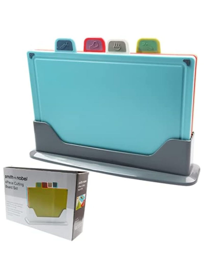 4-Piece Cutting Board Set with Storage & Draining Holder, Thick Double-Sided Food-Grade Polypropylene Chopping Boards, 29.2 × 19.6 cm, Color-Coded Food Icons, Non-Slip Design