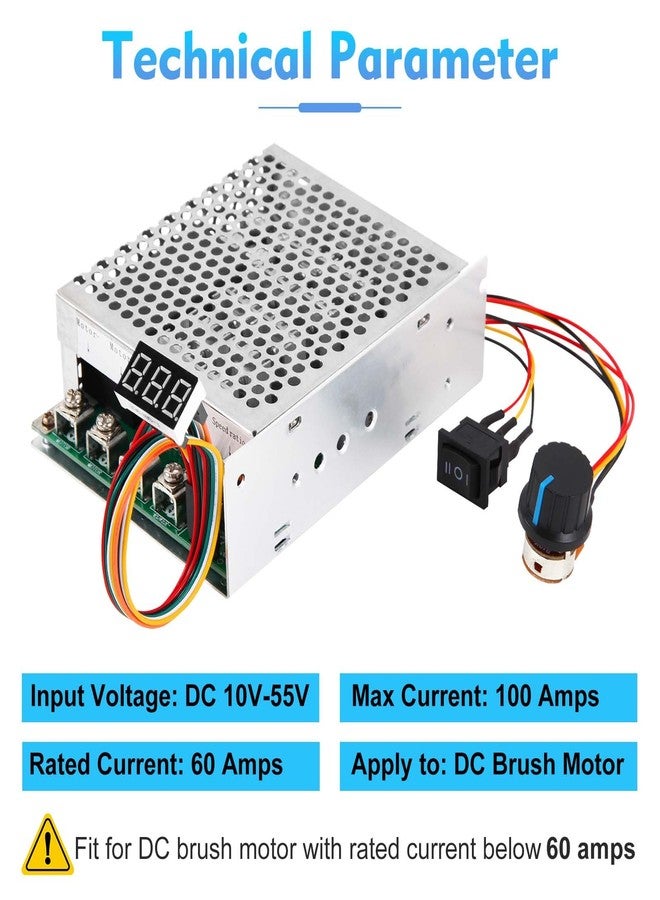 HARMNEE PWM DC Motor Speed Controller, DC 10V-55V & 100A Max Brush Motor LED Display Stepless Speed Controller with Forward-Brake-Reverse Switch & Ajustable Potentiometer - Image 2