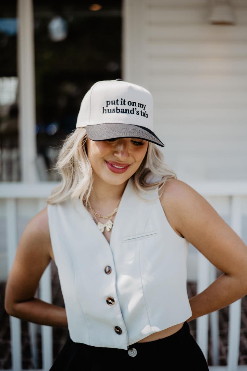 KATYDID Put It On My Husbandâ€™s Tab Embroidered Trucker Hat for Women - Vintage Two-Tone Snapback Baseball Cap - Trendy, Western Style Womenâ€™s Hat - USA Made (Black/Tan) - Image 4