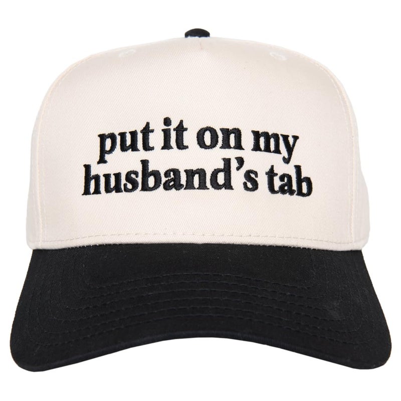 KATYDID Put It On My Husbandâ€™s Tab Embroidered Trucker Hat for Women - Vintage Two-Tone Snapback Baseball Cap - Trendy, Western Style Womenâ€™s Hat - USA Made (Black/Tan) - Image 1