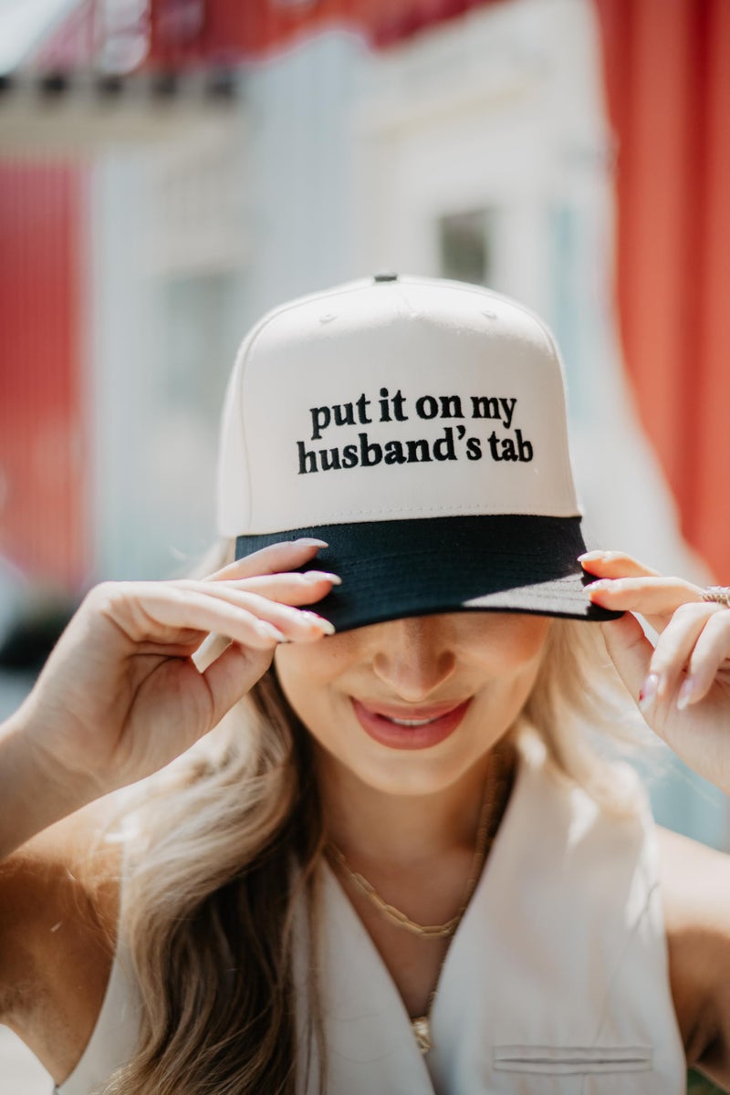 KATYDID Put It On My Husbandâ€™s Tab Embroidered Trucker Hat for Women - Vintage Two-Tone Snapback Baseball Cap - Trendy, Western Style Womenâ€™s Hat - USA Made (Black/Tan) - Image 2