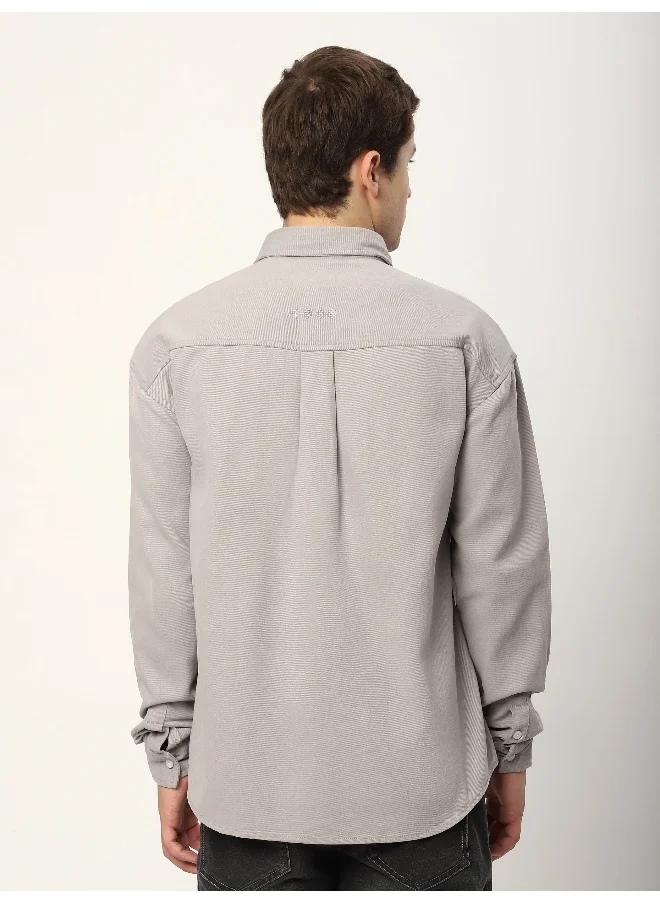 Beyoung Light Grey Dual Pocket Embroidered Shirt