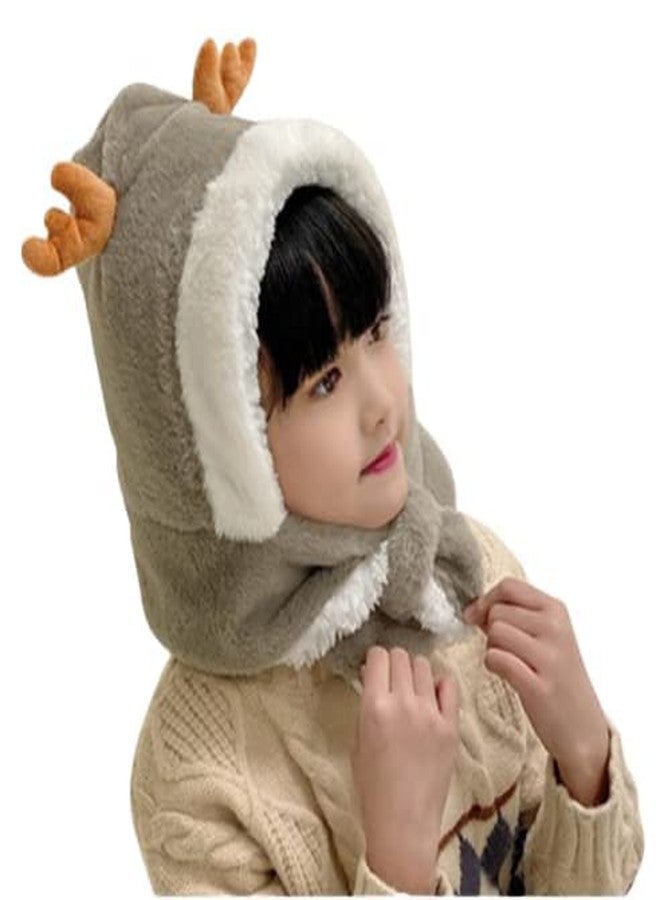 Malvina Kids Winter Warm Deer Fur Animal desizn Neck Warmer Hat Full Cover Earflap Hood Cap_3-8 Years (Pack of 01,Grey) - Image 1