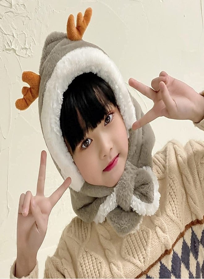 Malvina Kids Winter Warm Deer Fur Animal desizn Neck Warmer Hat Full Cover Earflap Hood Cap_3-8 Years (Pack of 01,Grey) - Image 3