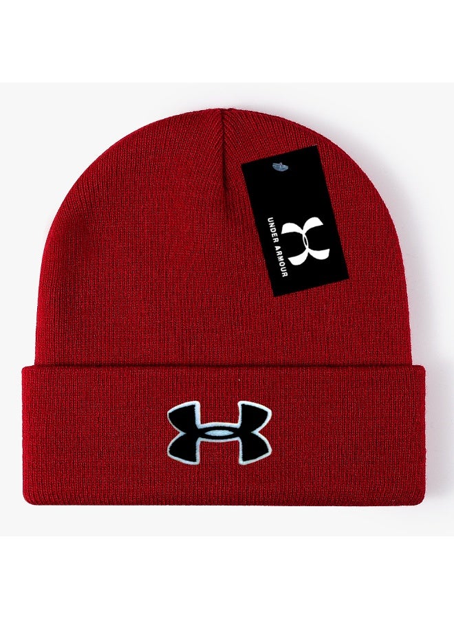 Under Armour Deep Red Ribbed Knit Beanie (Black & White Logo)