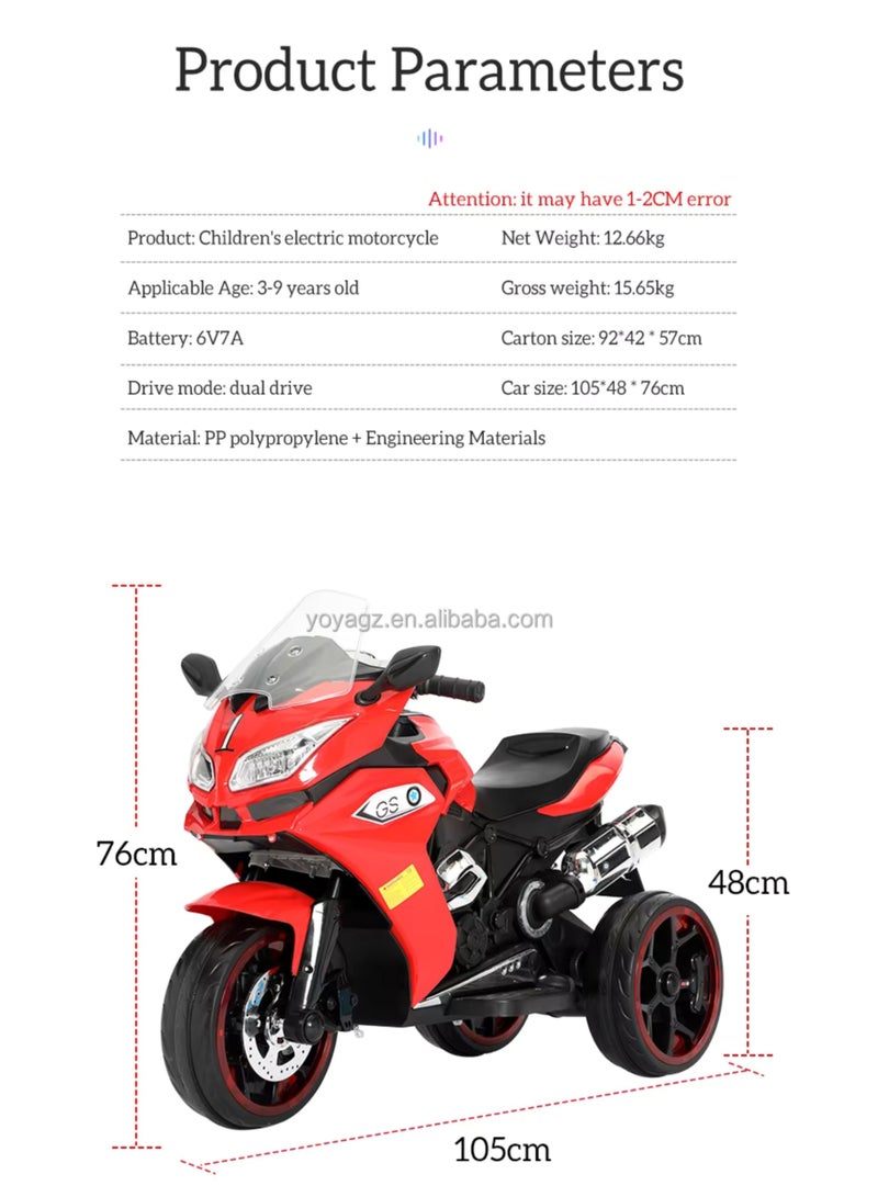 Electric Ride-On Motorcycle for Kids | 3-Wheel Design, LED Lights, Music & High-Capacity Battery | Safe Outdoor Toy Gift | Red - Image 5