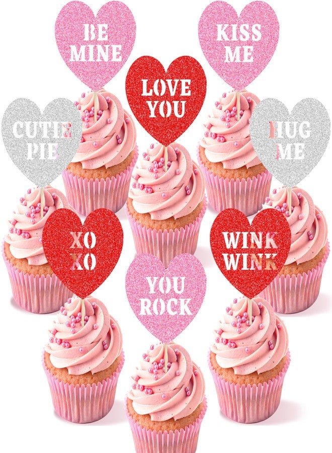 wuhuzsm 24 PCS Happy Valentine's Day Cupcake Toppers | 8 Design Red Glitter Heart Cupcake Picks | Valentine Theme Birthday Cake Decorations Party SuppliesDecorations - Image 1