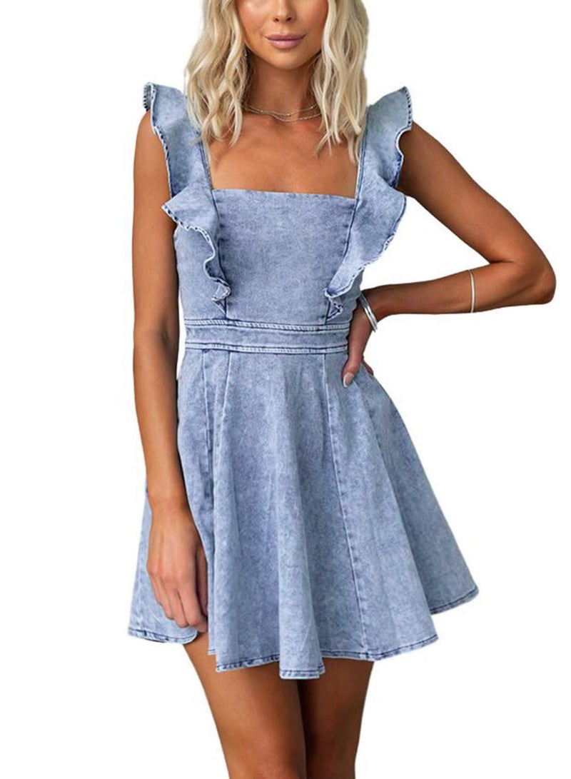 utcoco Denim Dress for Women Ruffle Adjustable Strap Sleeveless Backless Babydoll Mini Jean Dresses (Large, Light Blue) - Image 1