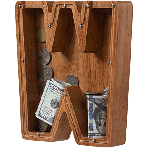 ladenk Piggy Bank for Kids Boys Girls Wooden Large Letter Piggy Bank Alphabet Money Bank with Initial W Coin Bank Fun Gifts for Birthday Christmas Festival Baby Shower - Image 1