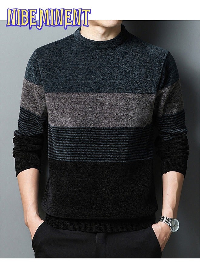 NIBEMINENT All Match Knitted Color Block Sweater, Men's Casual Warm High Stretch Crew Neck Pullover Sweater For Men Fall Winter  - Image 1