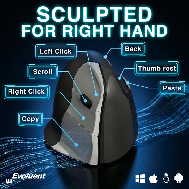 Evoluent â€“ Inventor of The Vertical Mouse â€“ VMC Vertical Ergonomic Mouse Wireless USB/Bluetooth Ergo Design for Right Hand M-L, Sculpted Comfort, 4 Speeds, Copy & Paste Buttons - Image 3