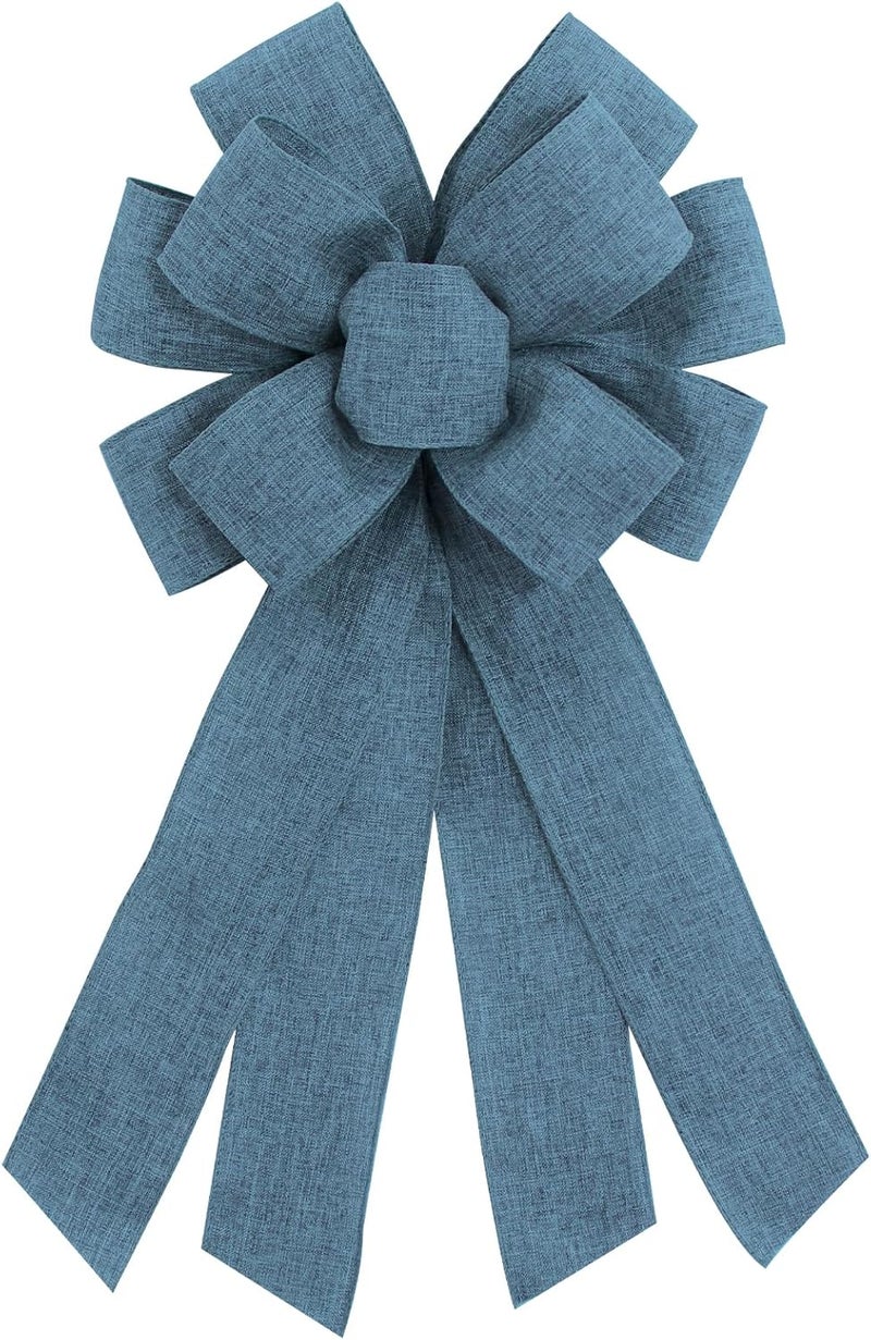 chmacura Blue Burlap Wreath Bow 20 x 11 Inches Easter Bows Blue Burlap Ribbon Bow Carnival Farmhouse Bow Tree Ornament for Home Front Door Decorations - Image 1