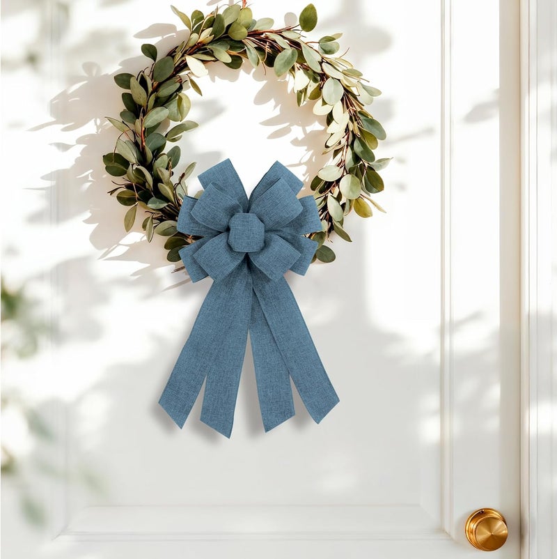 chmacura Blue Burlap Wreath Bow 20 x 11 Inches Easter Bows Blue Burlap Ribbon Bow Carnival Farmhouse Bow Tree Ornament for Home Front Door Decorations - Image 3