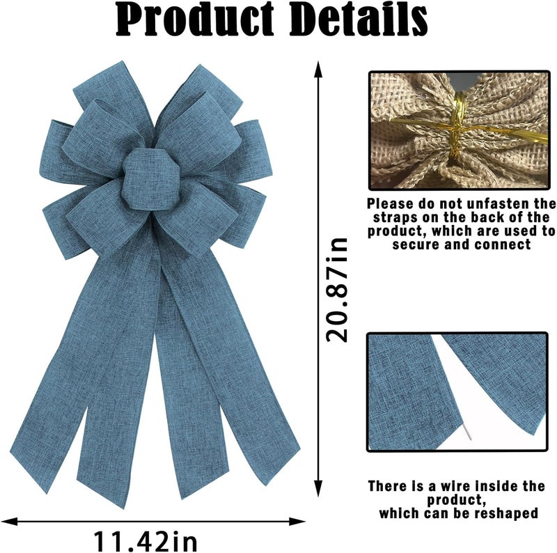 chmacura Blue Burlap Wreath Bow 20 x 11 Inches Easter Bows Blue Burlap Ribbon Bow Carnival Farmhouse Bow Tree Ornament for Home Front Door Decorations - Image 2