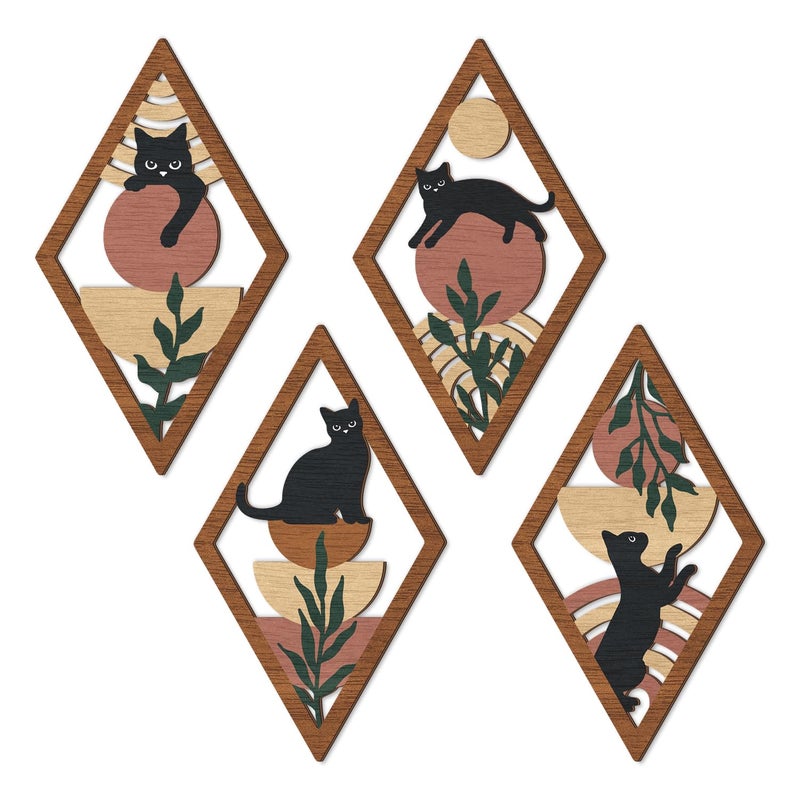 TOARTi 4Pcs Minimalist Boho Black Cat Wall Art Set Geometric Wooden Cat Wall Decor Bohemian Black Cats Hanging Sign Abstract Boho Cats Wood Sign for Bedroom Living Room Farmhouse Aesthetic Geometric Artwork - Image 1
