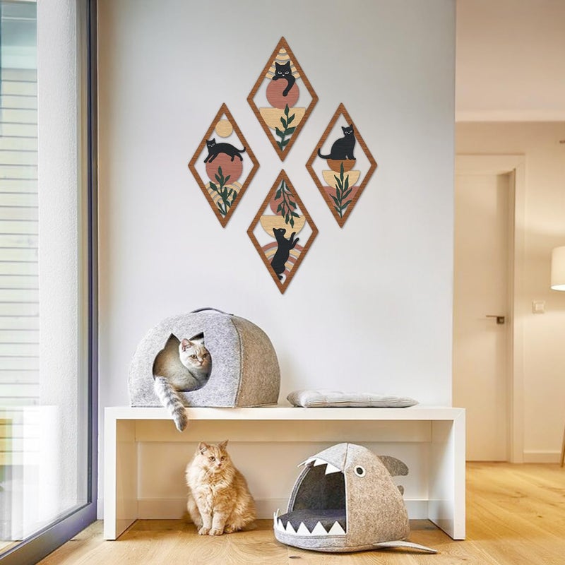 TOARTi 4Pcs Minimalist Boho Black Cat Wall Art Set Geometric Wooden Cat Wall Decor Bohemian Black Cats Hanging Sign Abstract Boho Cats Wood Sign for Bedroom Living Room Farmhouse Aesthetic Geometric Artwork - Image 4