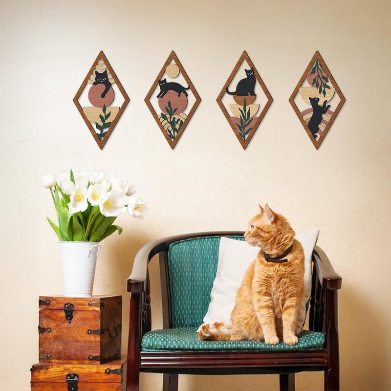 TOARTi 4Pcs Minimalist Boho Black Cat Wall Art Set Geometric Wooden Cat Wall Decor Bohemian Black Cats Hanging Sign Abstract Boho Cats Wood Sign for Bedroom Living Room Farmhouse Aesthetic Geometric Artwork - Image 3